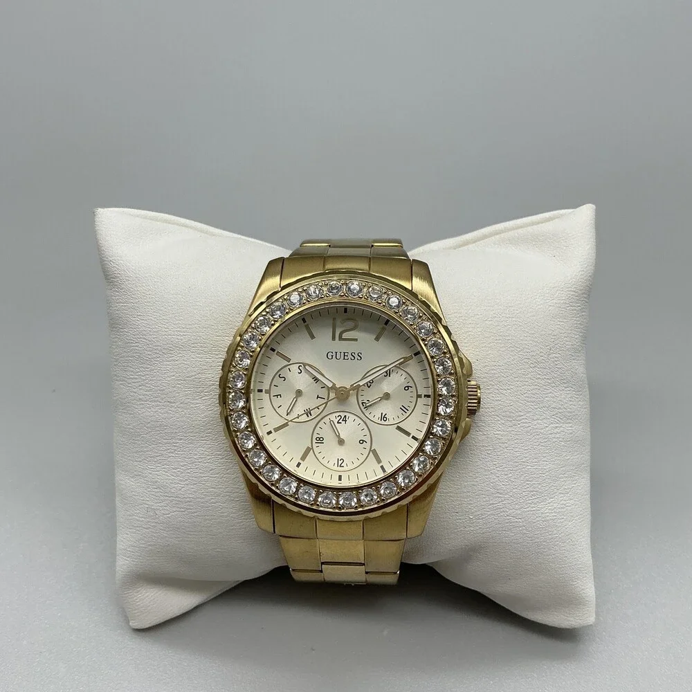 Guess U12005L1 Womens Watch 37mm Gold Tone Crystals Day Date New Battery 6.25